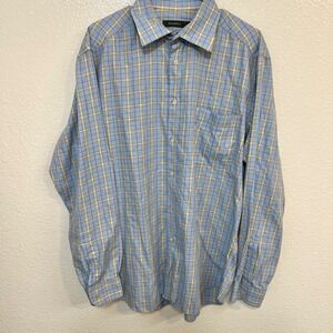 Ermenegildo Zegna Mens XL Dress Shirt Baby Blue Yellow Plaid Long Sleeve‎ 0483
